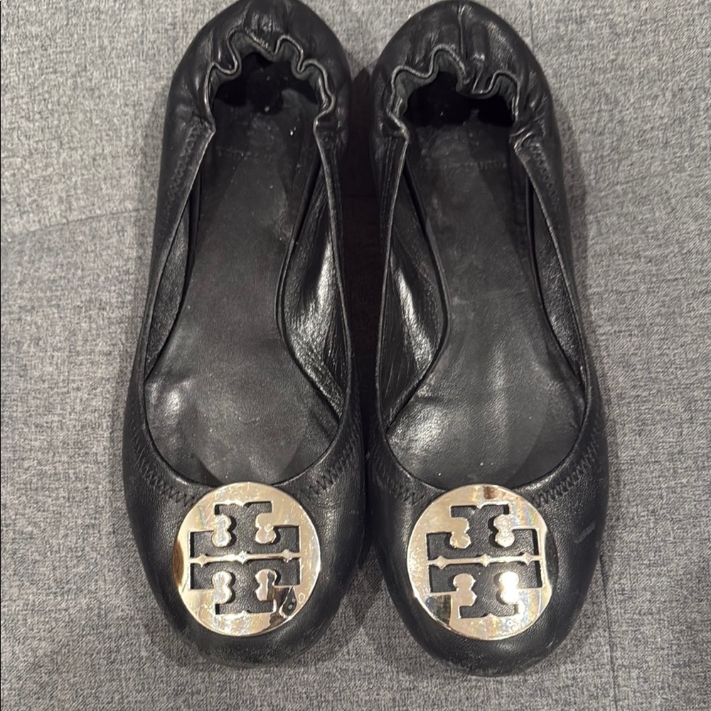 Tory Burch Black and Silver Ballet Flats with Logo Medallion